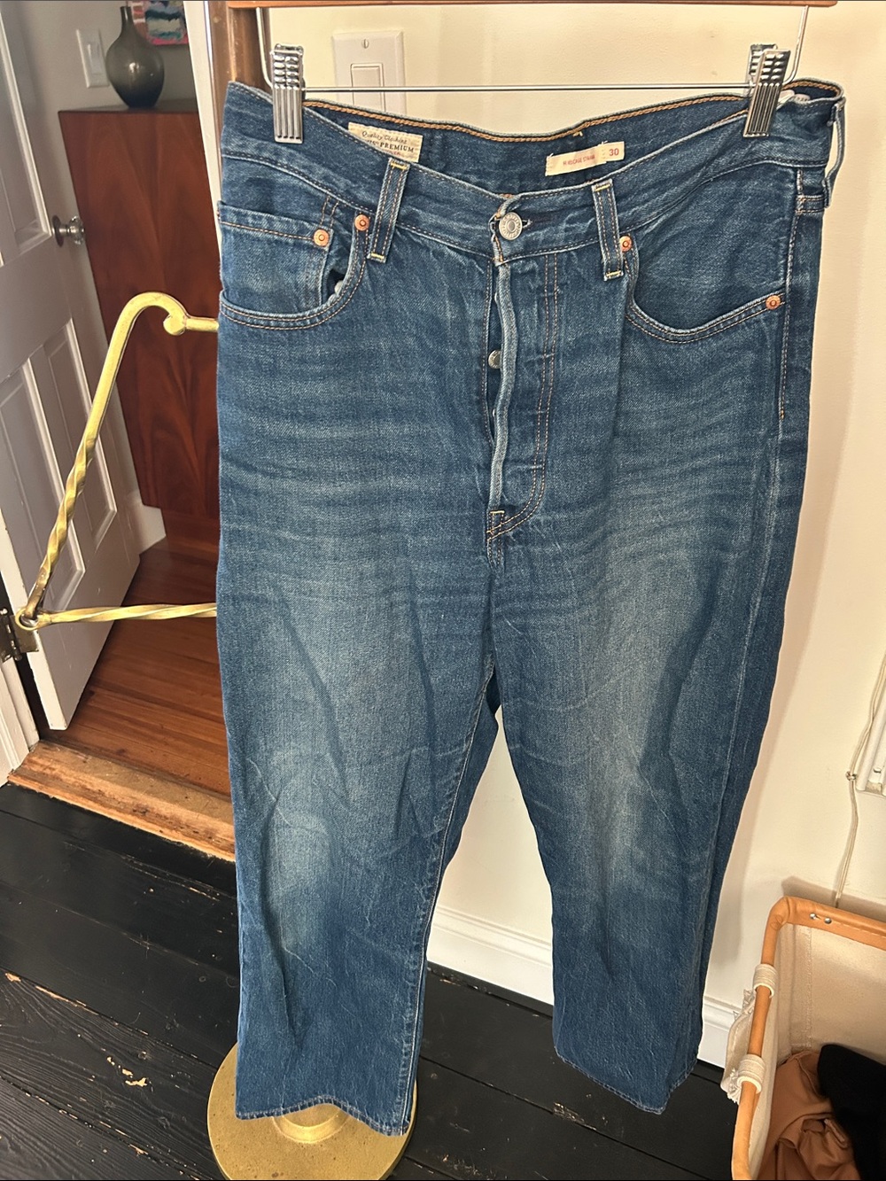 Levi's ribcage Distressed Mid-Blue Straight Jeans